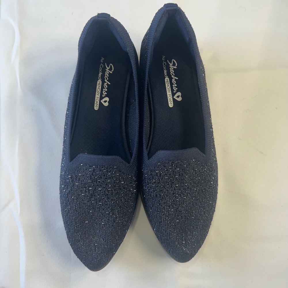 Skechers Cleo 2.0 Love Spell Navy Blue Shimmer Knit Pointed Toe Flats Shoes - Picture 8 of 12